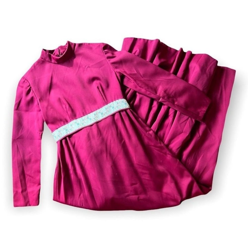 Vintage 1970s Regency Formal Gown Burgundy Red XS High Neck Empire Prairie Prom